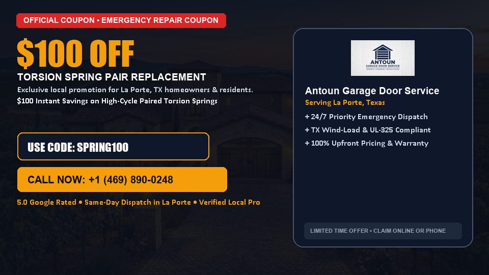$100 OFF Dual High-Cycle Torsion Spring Replacement in La Porte, TX - Antoun Garage Door Service