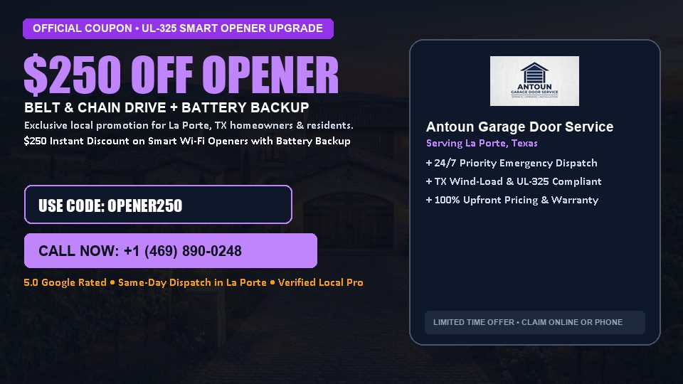 $250 OFF Smart Wi-Fi Garage Door Opener Installation in La Porte, TX - Antoun Garage Door Service